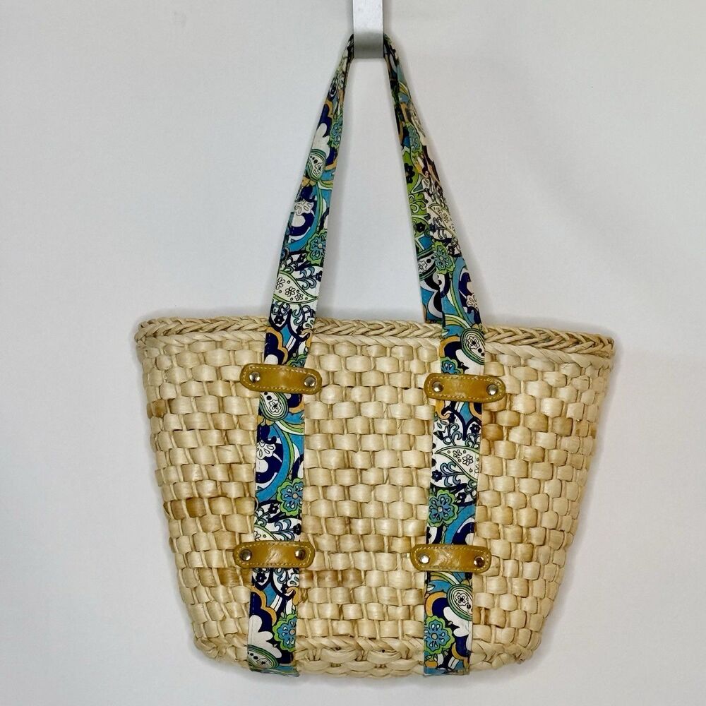 Natural Woven Straw Tote Purse Blue Green Paisley Canvas Straps Beach Boho -READ